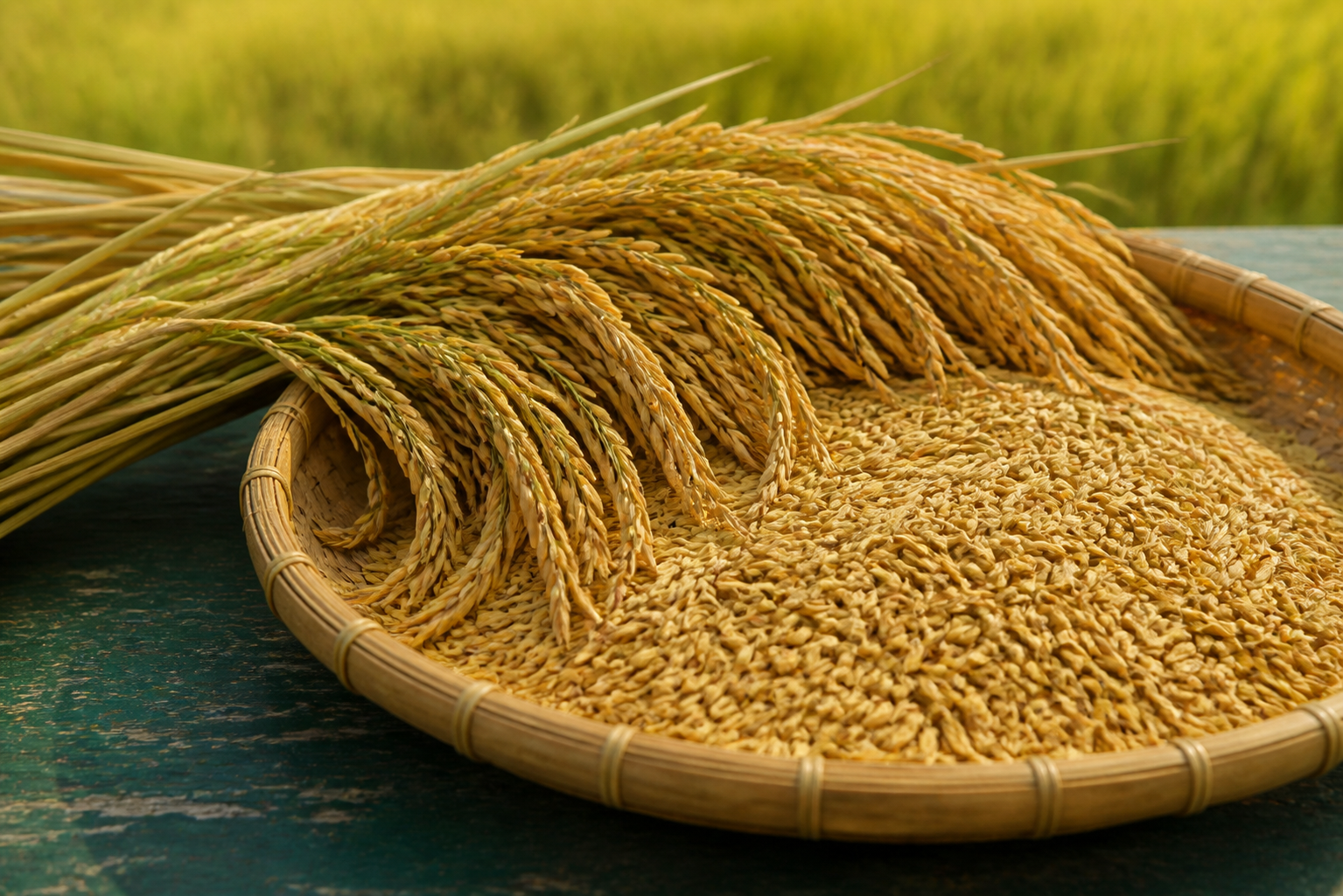 Local non-basmati paddy panicles and grains in a woven bamboo tray